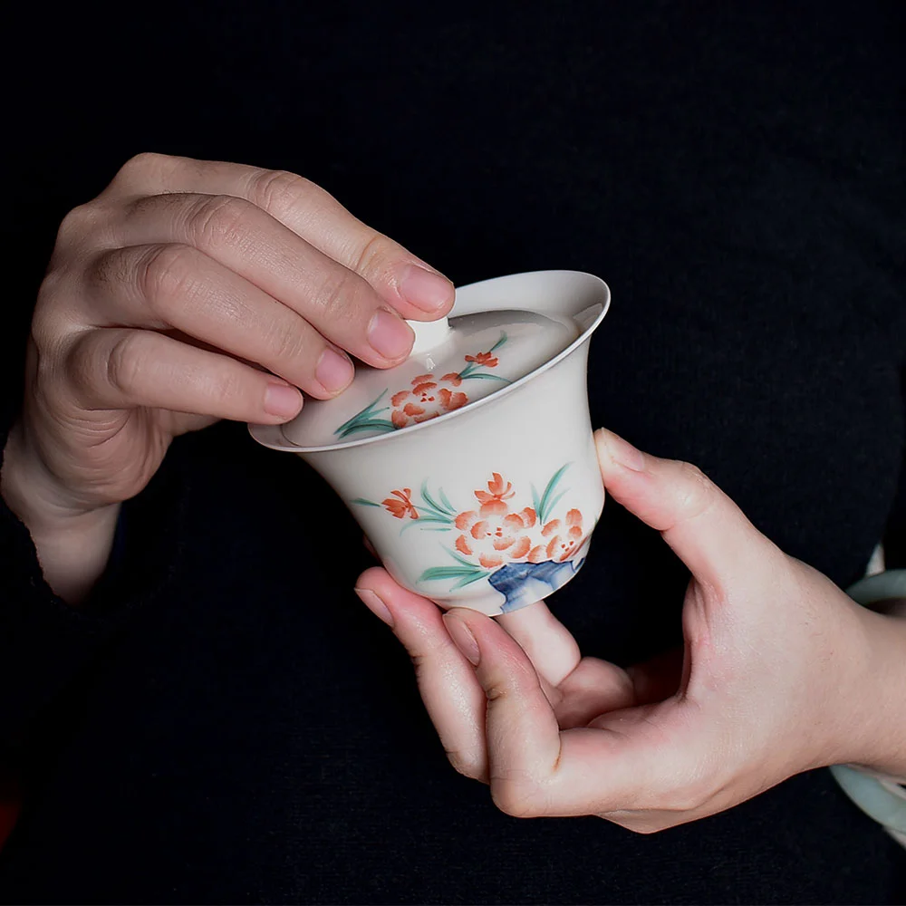 Hand Painted Begonia Thin Gaiwan