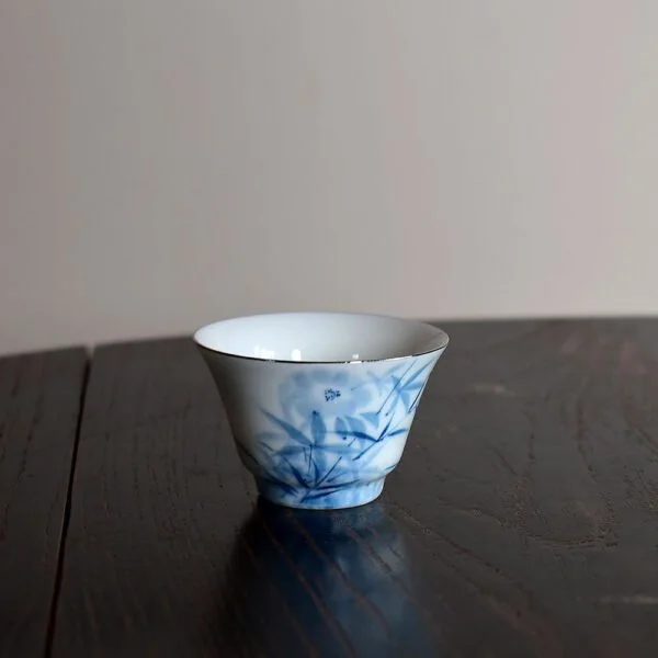 Tiny Thin Porcelain Okra Flower Teacup with Silver Trim