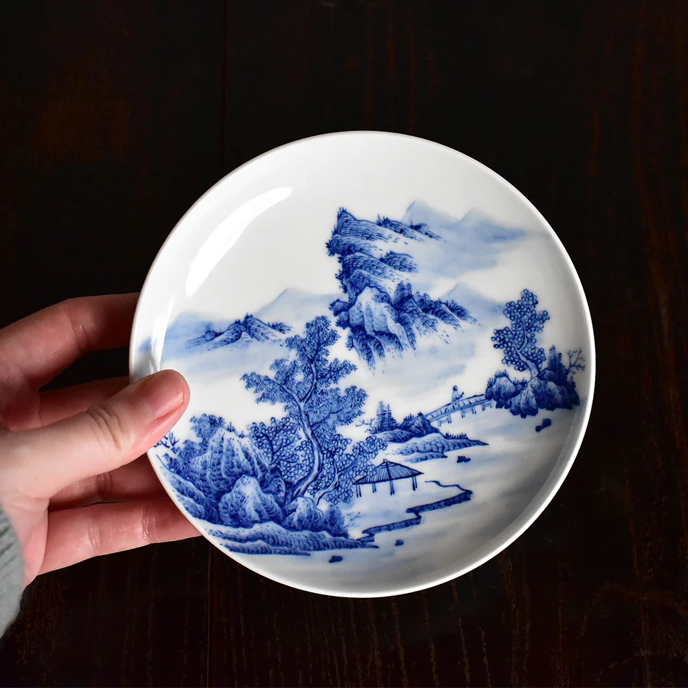 Blue and White Landscape Gaiwan with Tea Tray