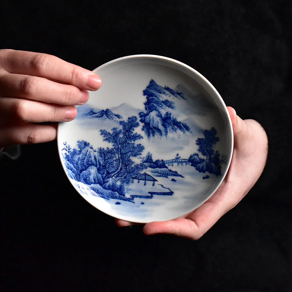 Blue and White Landscape Gaiwan with Tea Tray