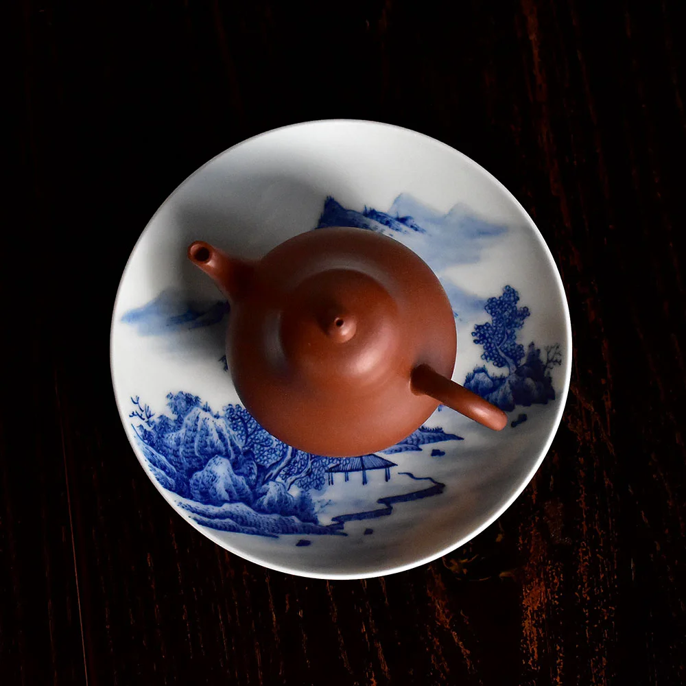 Blue and White Landscape Gaiwan with Tea Tray