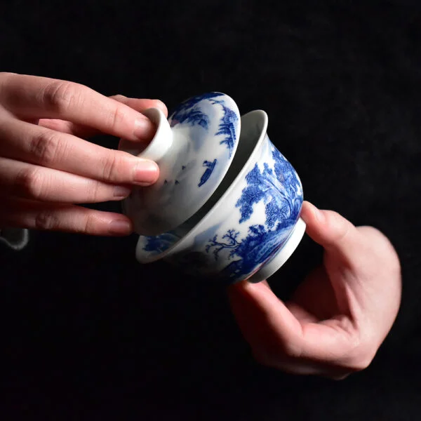 Blue and White Landscape Gaiwan with Tea Tray