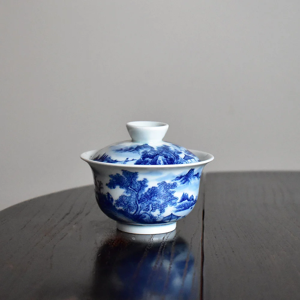 Blue and White Landscape Gaiwan with Tea Tray