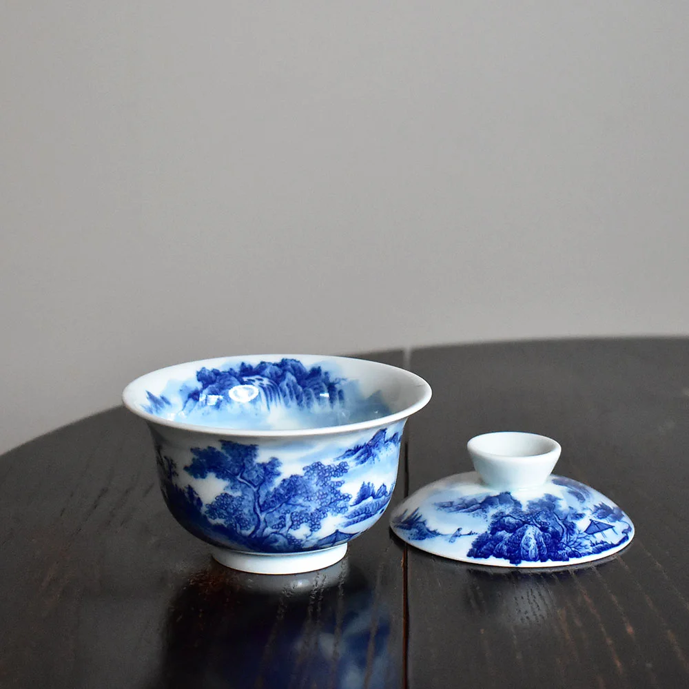 Blue and White Landscape Gaiwan with Tea Tray