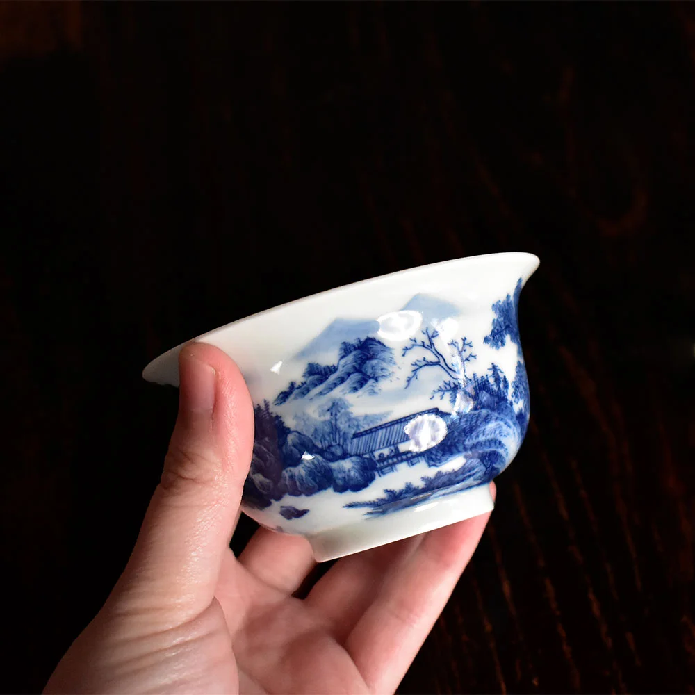 Blue and White Landscape Gaiwan with Tea Tray