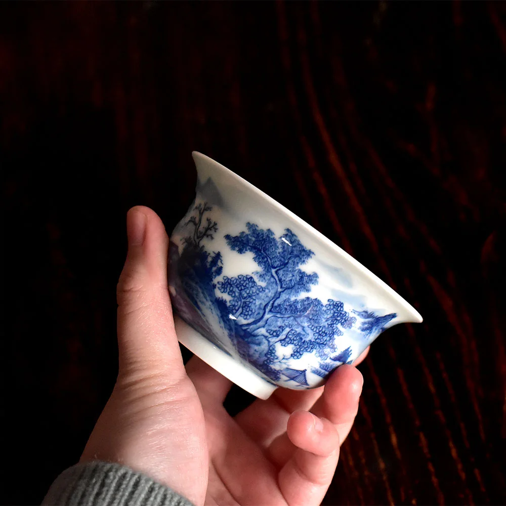 Blue and White Landscape Gaiwan with Tea Tray