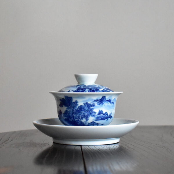 Blue and White Landscape Gaiwan with Tea Tray