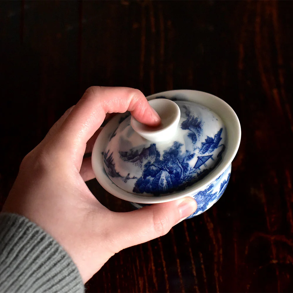 Blue and White Landscape Gaiwan with Tea Tray