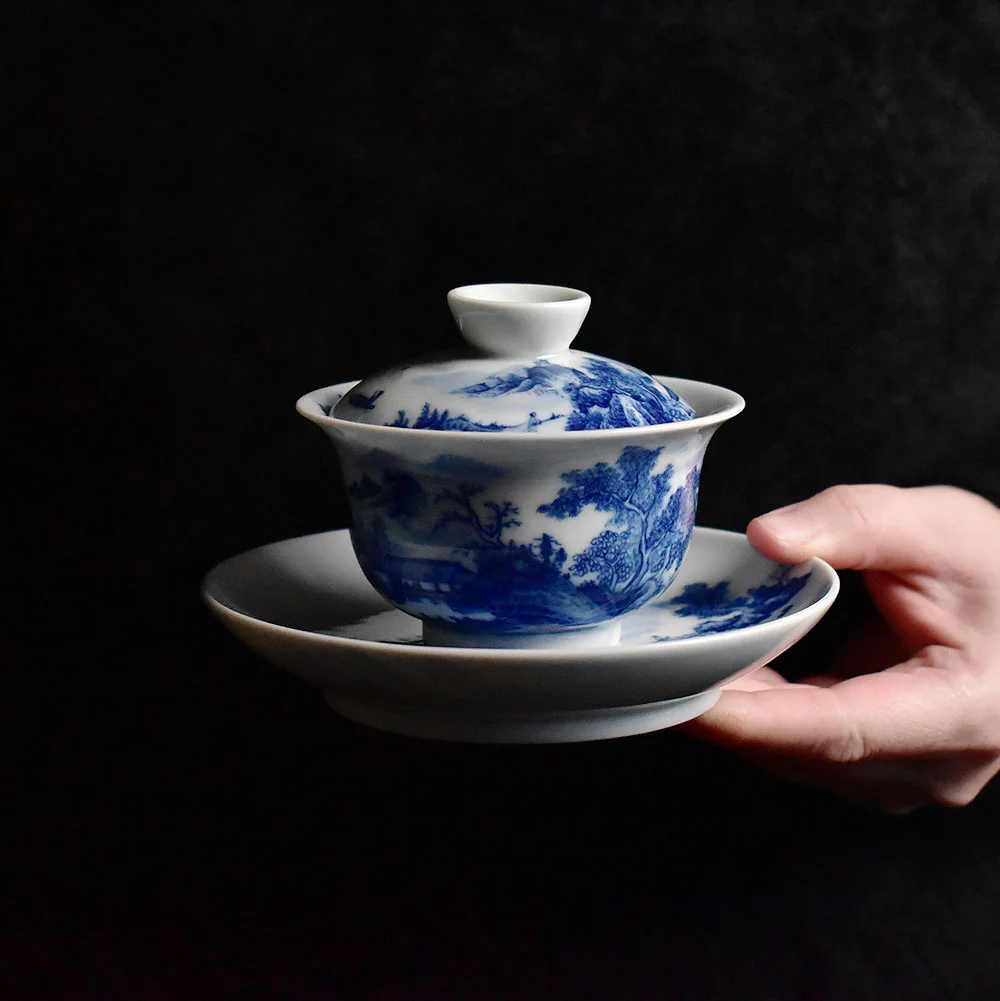 Blue and White Landscape Gaiwan with Tea Tray