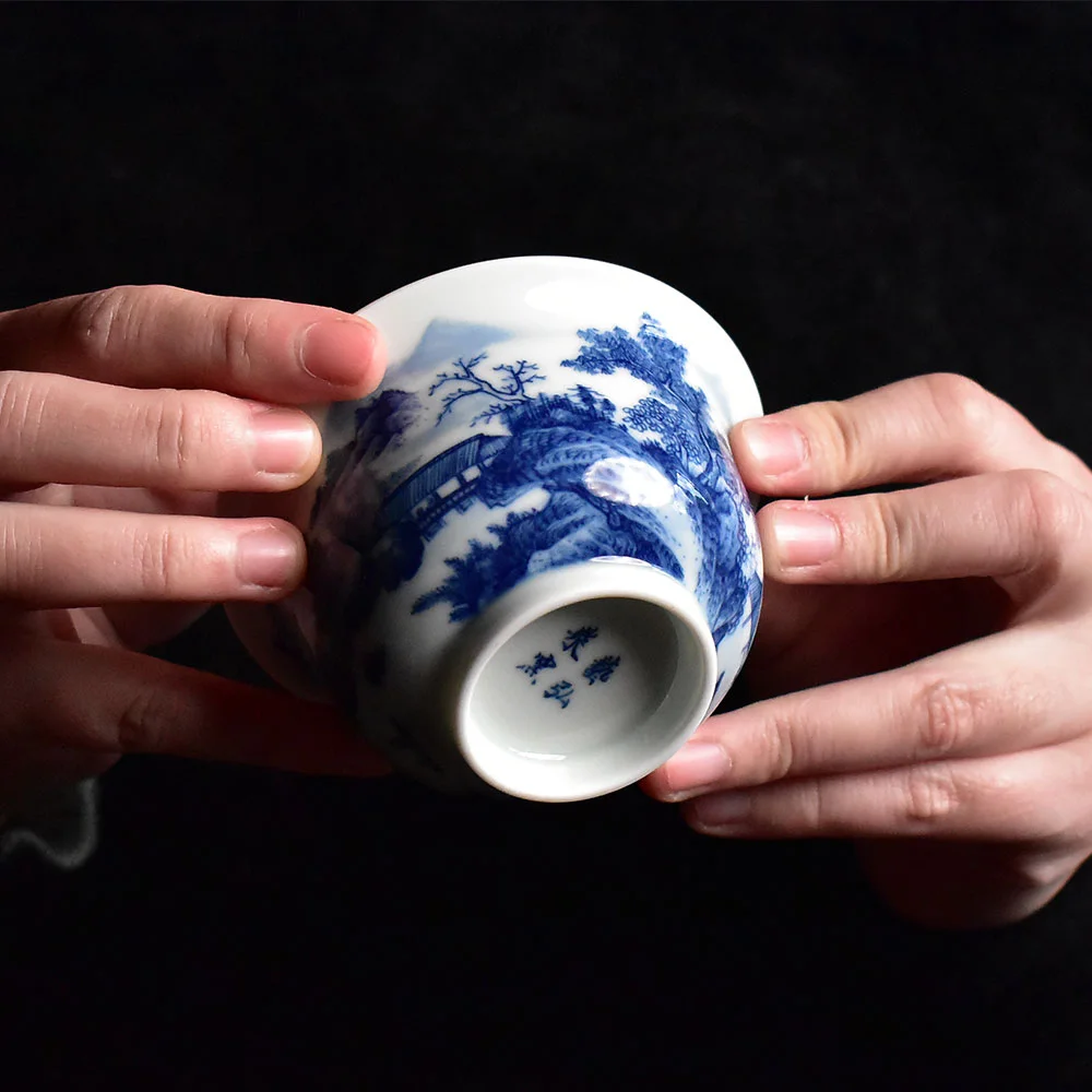 Blue and White Landscape Gaiwan with Tea Tray