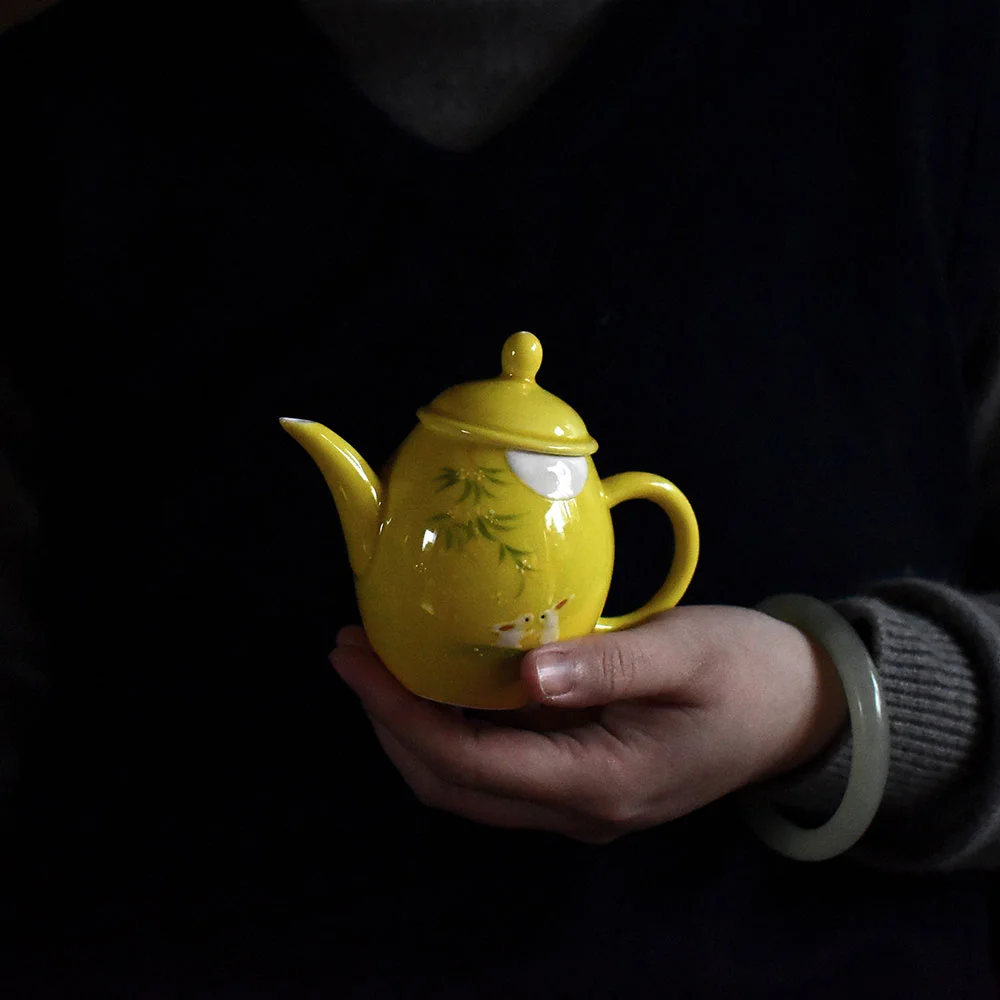 Jade Rabbit Looking at the Moon Hand-Painted Teapot