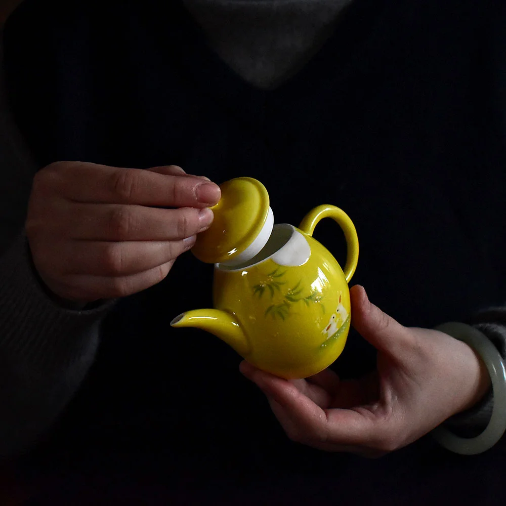 Jade Rabbit Looking at the Moon Hand-Painted Teapot